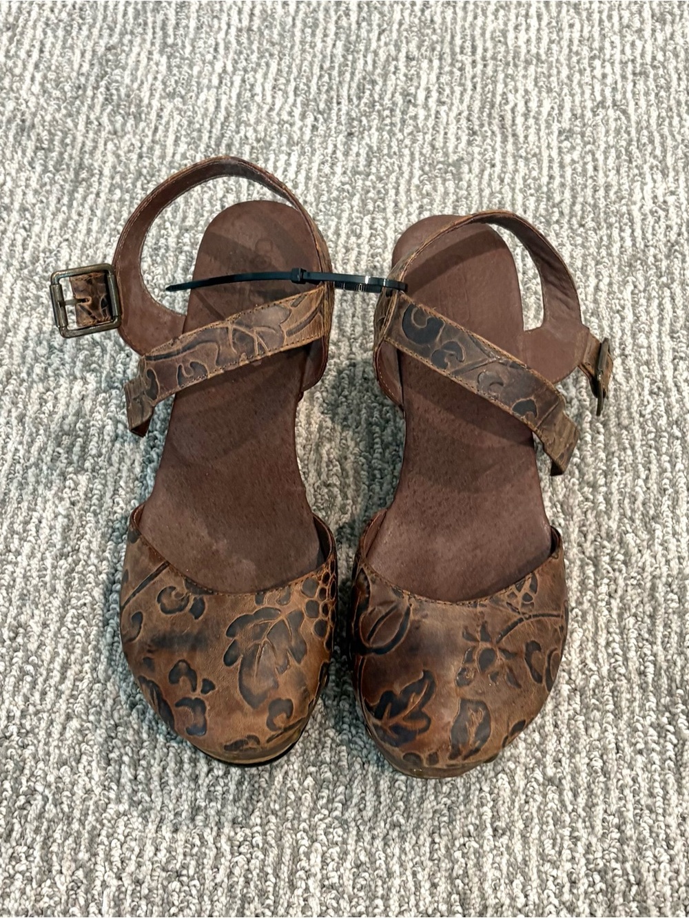 Women’s Brown Floral Leather Ankle-Strap Clogs